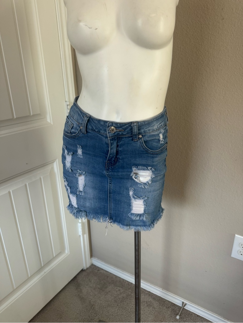 Wax Jean Distressed Blue Denim Mini Skirt
